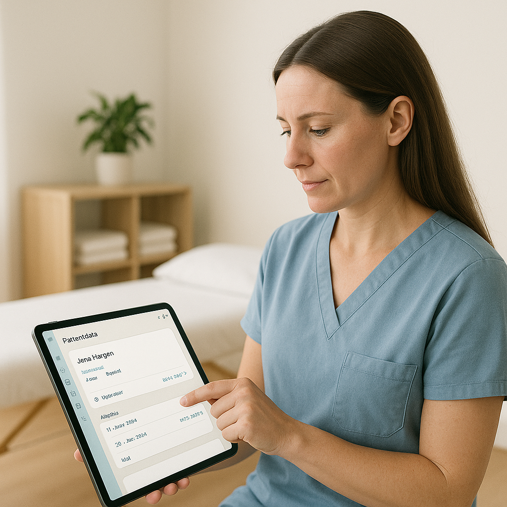 Laptop med oversigt over kliniksystemets funktioner